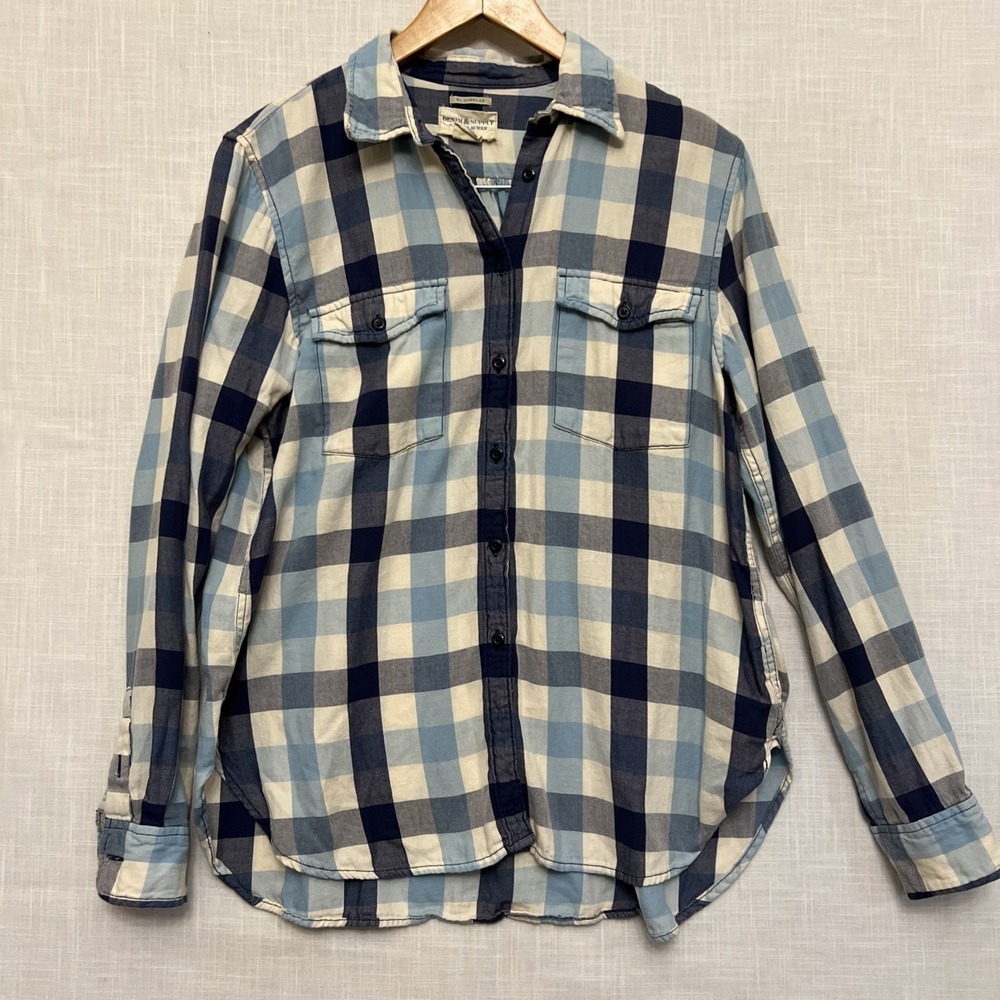 Denim & Supply Ralph Lauren Plaid Button Up Shirt Women Blue Cream 100% Cotton